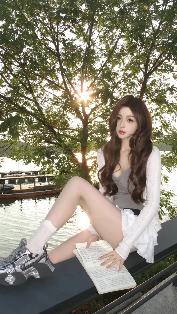 湖边长发美女手机壁纸｜户外夕阳背景图片 - 白裙少女写真「哲风壁纸」