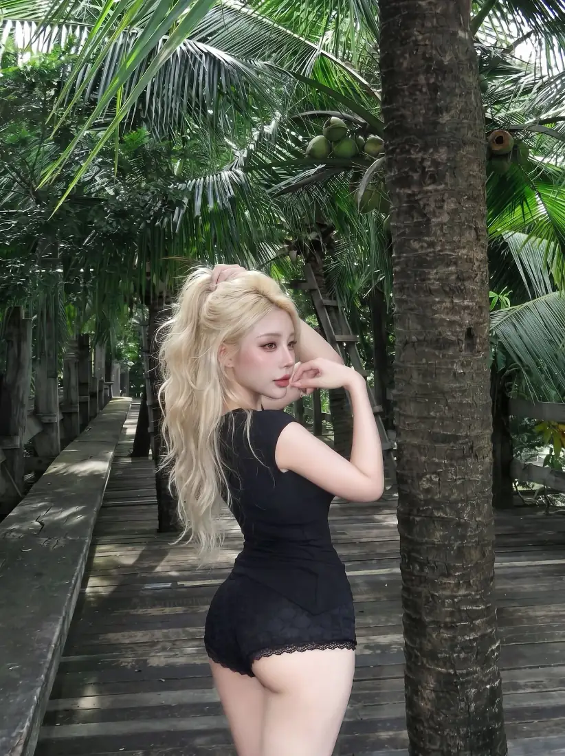 金发黑衣美女手机壁纸｜椰林栈道背景图片 - 户外人像「哲风壁纸」