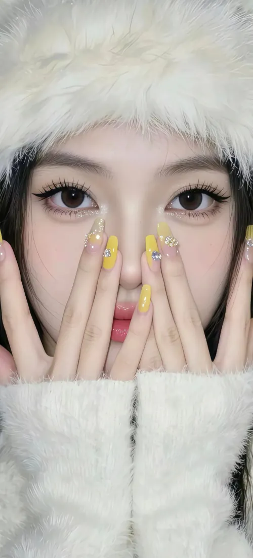 冬日美女手机壁纸｜白色毛绒背景图片 - 黄美甲大眼少女「哲风壁纸」