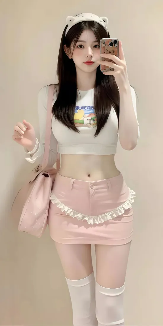 甜妹穿搭美女手机壁纸｜居家对镜自拍背景图片 - 粉色套装猫耳发箍少女「哲风壁纸」