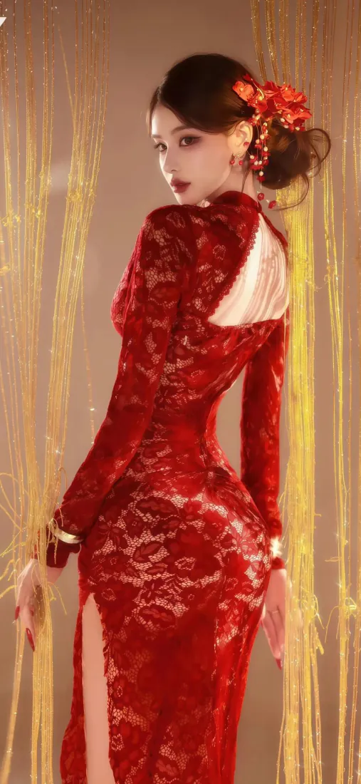 红旗袍美女手机壁纸｜暖调国风背景图片 - 盘发露背旗袍写真「哲风壁纸」