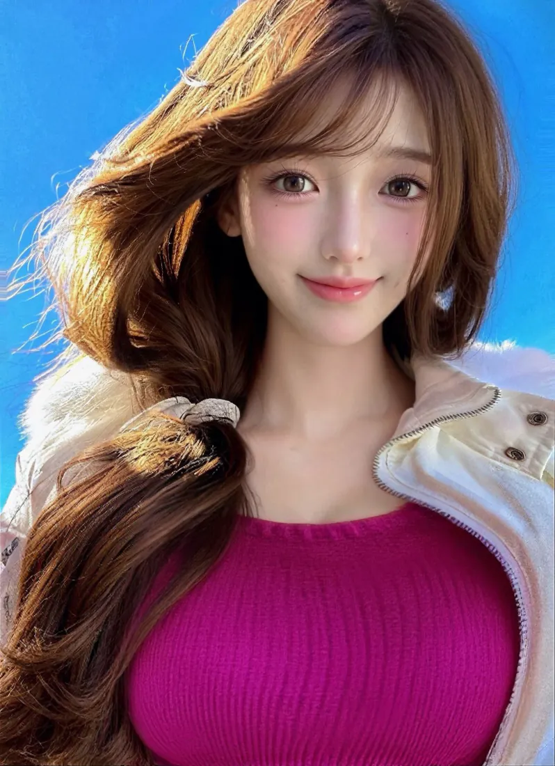 美女手机壁纸｜蓝天背景图片 - 长发玫红上衣白外套写真「哲风壁纸」