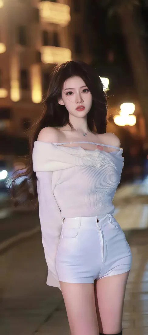 夜景白衣美女手机壁纸｜城市街拍背景图片 - 露肩穿搭氛围感人像「哲风壁纸」