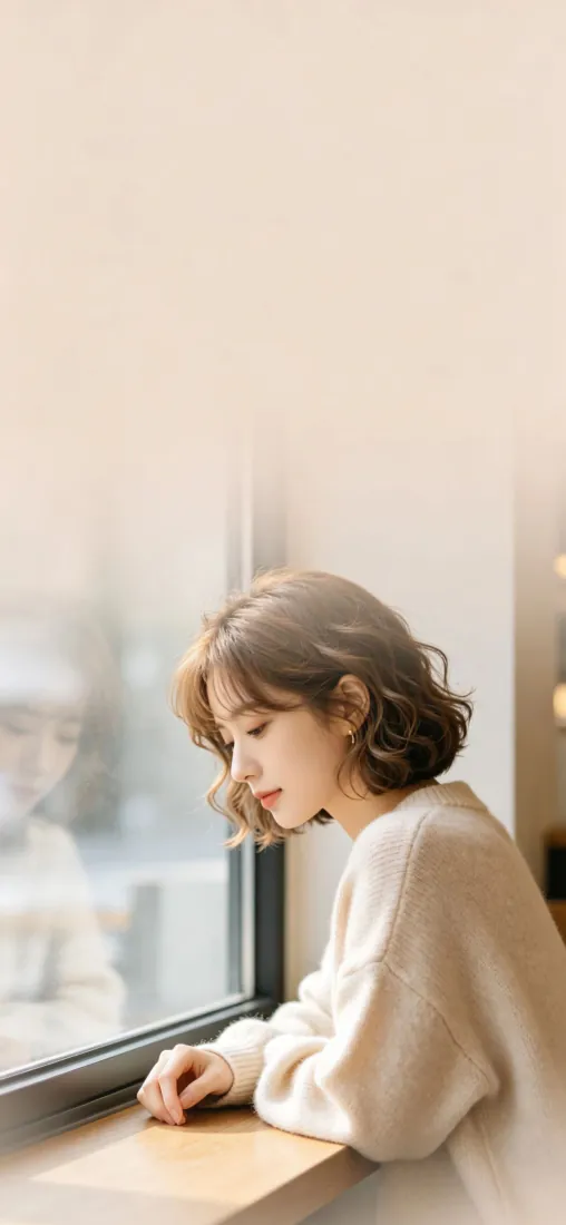 窗边短发美女手机壁纸｜暖调柔光背景图片 - 慵懒白毛衣侧颜「哲风壁纸」