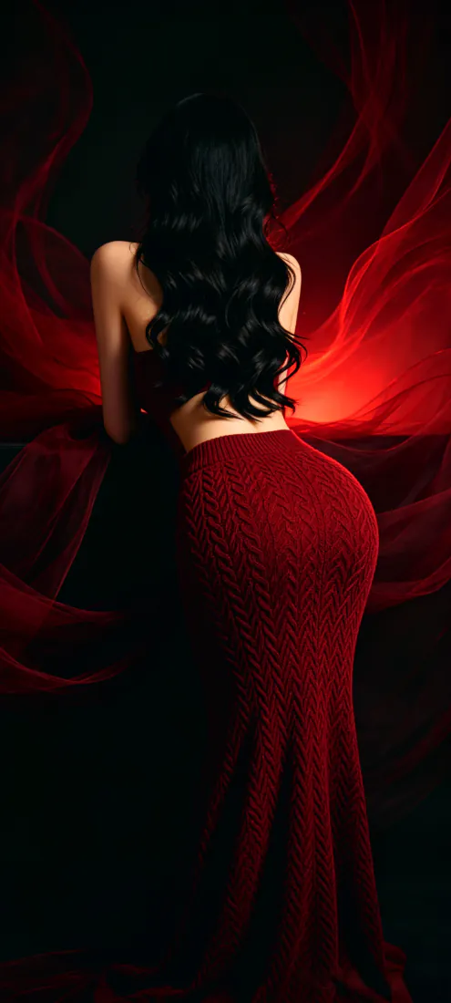 红衣性感美女手机壁纸｜红黑背景图片 - 露背长发女性写真「哲风壁纸」