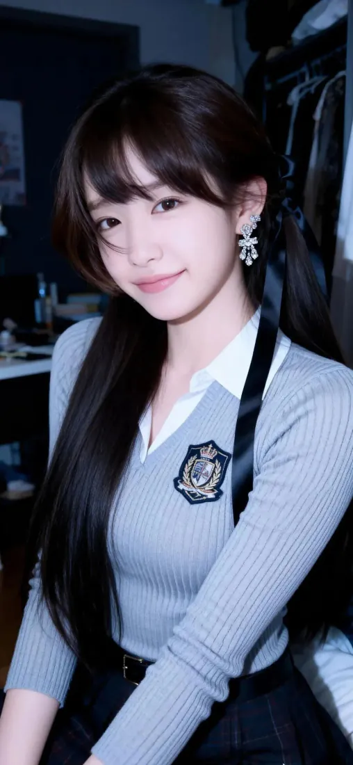 清纯学院风少女手机壁纸｜蓝调室内背景图片 - 甜妹针织衫穿搭「哲风壁纸」