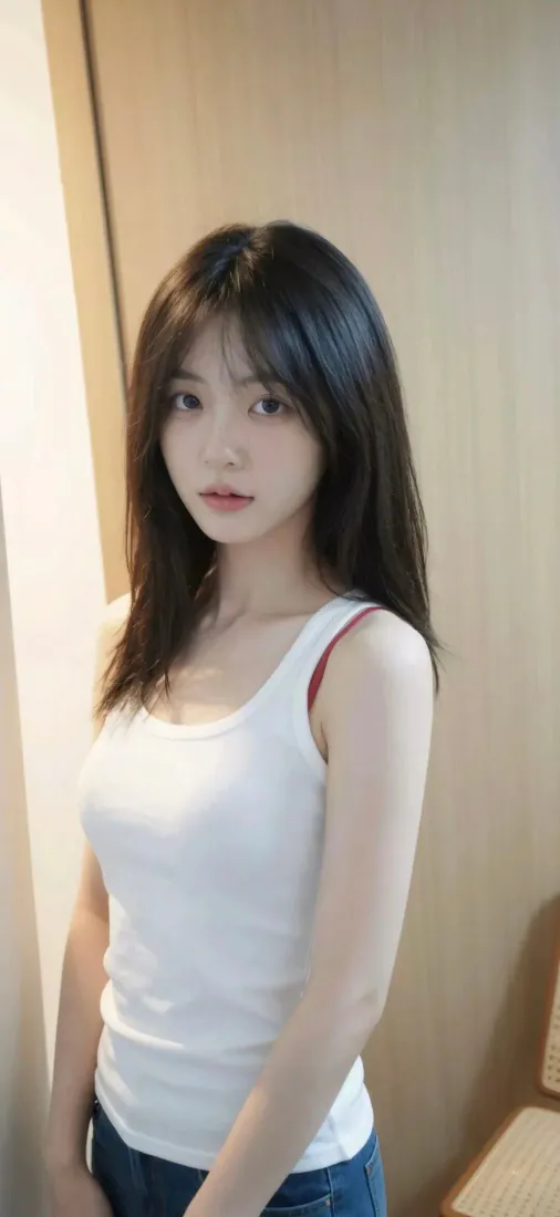 清纯长发美女手机壁纸｜白背心室内背景图片 - 清纯少女居家随拍「哲风壁纸」