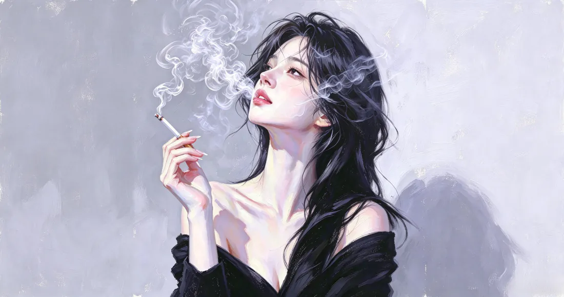 3k抽烟黑发女生壁纸｜冷感氛围感背景图片 - 露肩黑衫仰头女性「哲风壁纸」