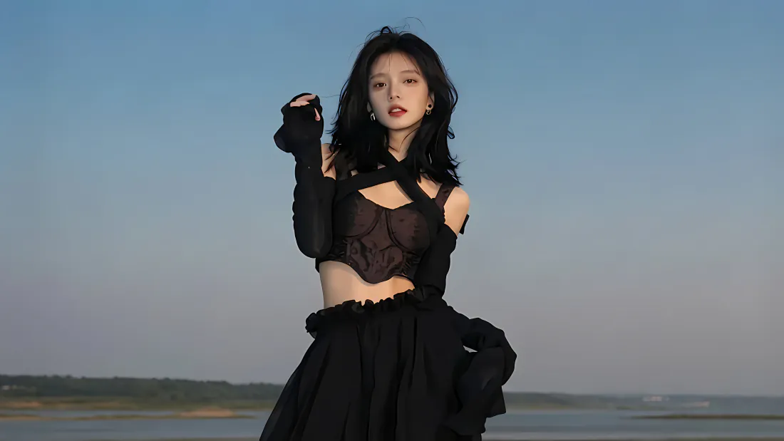 5k黑衣海边美女壁纸｜户外蓝天背景图片 - 黑裙露腰人像「哲风壁纸」