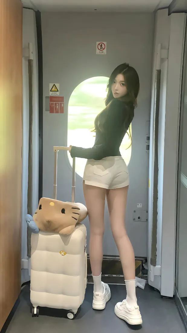 长发美女高铁出行｜黑色修身上衣白短裤 - 卡通拉杆箱随拍「哲风壁纸」