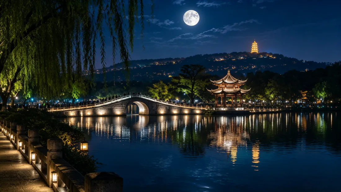 3k扬州瘦西湖二十四桥｜月夜湖景背景图片 - 栖灵塔古建灯光倒影「哲风壁纸」