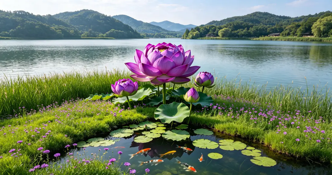 3k紫莲湖景壁纸｜山水荷塘背景图片 - 锦鲤草甸自然风光「哲风壁纸」