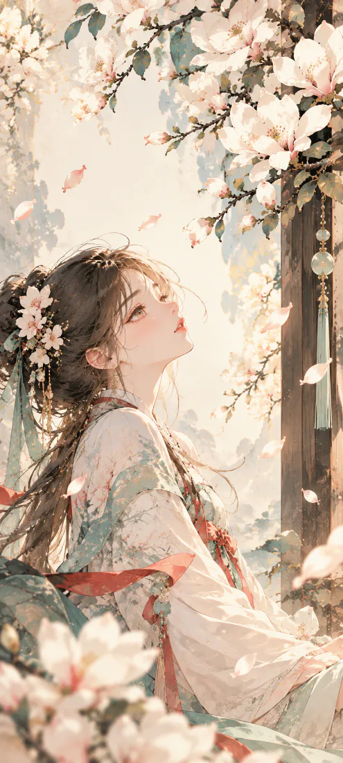 古风少女手机壁纸｜玉兰花树背景图片 - 汉服飞花温柔插画「哲风壁纸」