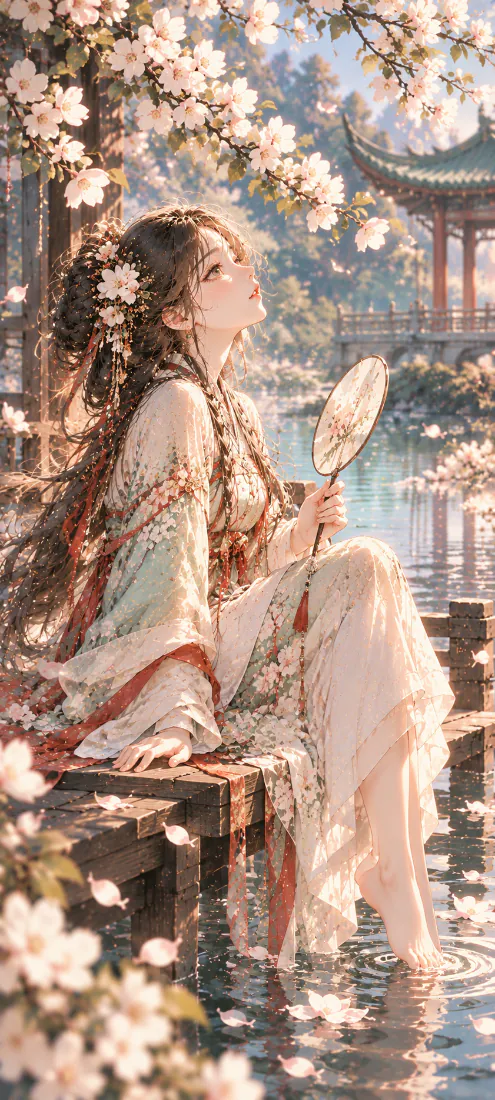 古风仕女手机壁纸｜庭院花树背景图片 - 执扇临水汉服少女「哲风壁纸」