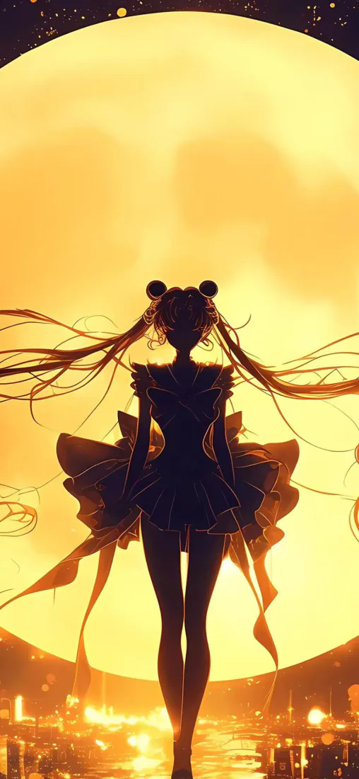 月野兔手机壁纸｜满月剪影背景图片 - 暖黄星空动漫少女「哲风壁纸」