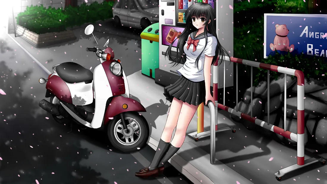 2k水手服少女壁纸｜樱花街边背景图片 - 黑长直女孩与复古踏板摩托「哲风壁纸」