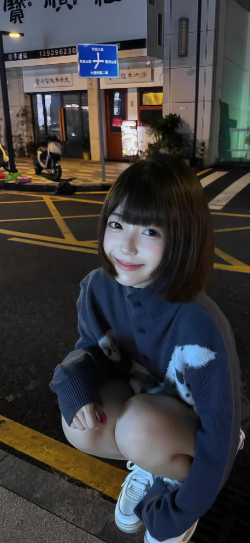 短发蓝衣美女手机壁纸|夜晚街头背景图片 - 蹲姿随拍「哲风壁纸」 短发蓝衣美女手机壁纸|夜晚街头背景图片 - 蹲姿随拍「哲风壁纸」