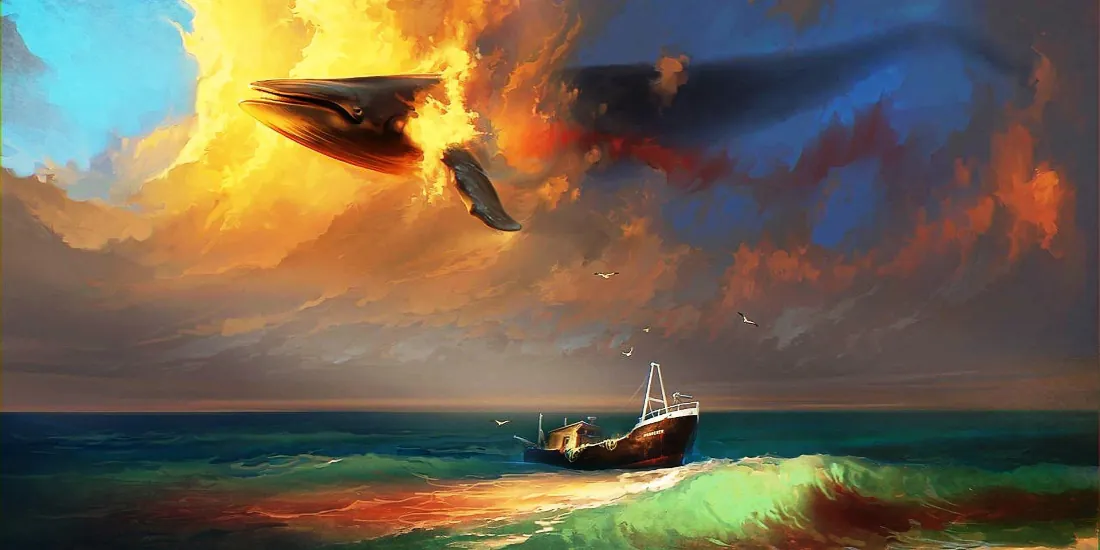 2k奇幻海洋飞船壁纸｜黄昏海景背景图片 - 渔船「哲风壁纸」