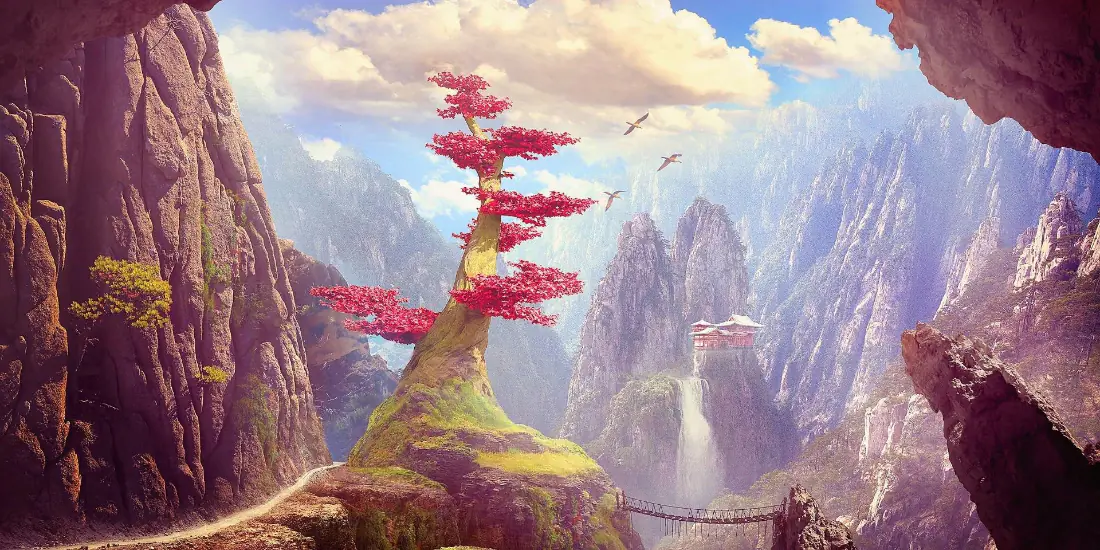 2k奇幻山峰巨树壁纸｜峡谷瀑布背景图片 - 红树云海仙境「哲风壁纸」