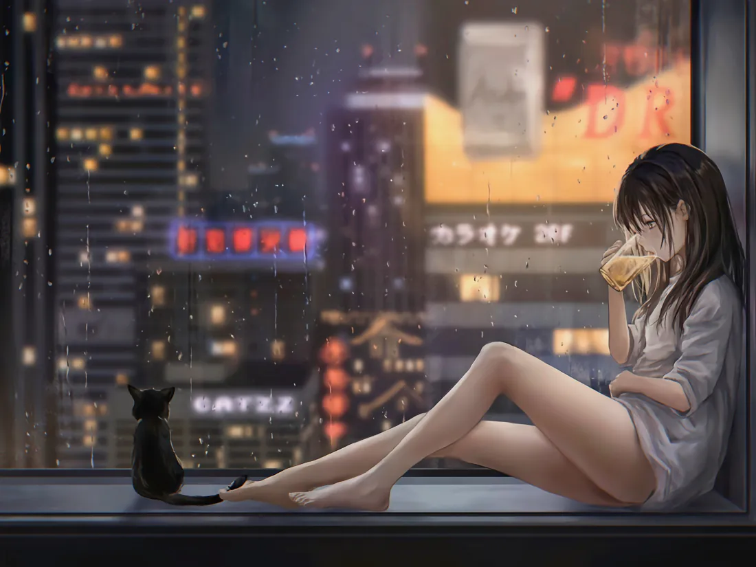 2k窗边女孩壁纸|雨夜城市背景图片 - 黑猫霓虹街景「哲风壁纸」 2k窗边女孩壁纸|雨夜城市背景图片 - 黑猫霓虹街景「哲风壁纸」