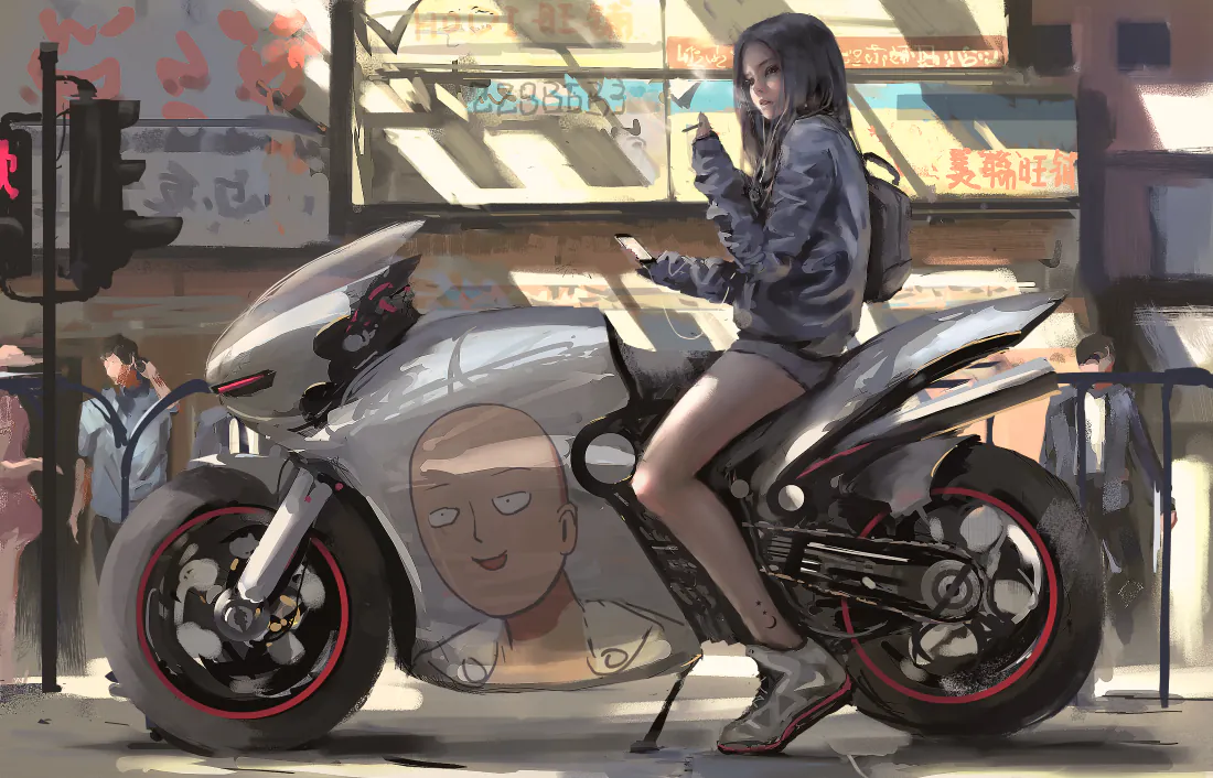 4k机车少女壁纸｜城市街景背景图片 - 银色仿赛摩托琦玉涂装「哲风壁纸」