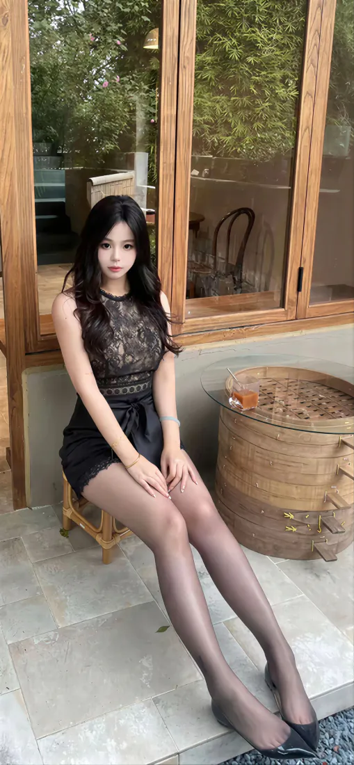 黑丝旗袍美女手机壁纸｜庭院木窗背景图片 - 性感坐姿写真「哲风壁纸」