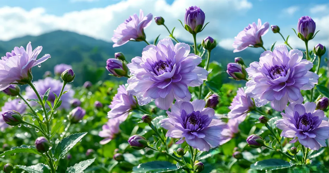 3k紫色重瓣紫菀花田壁纸｜蓝天远山背景图片 - 清新自然花卉「哲风壁纸」