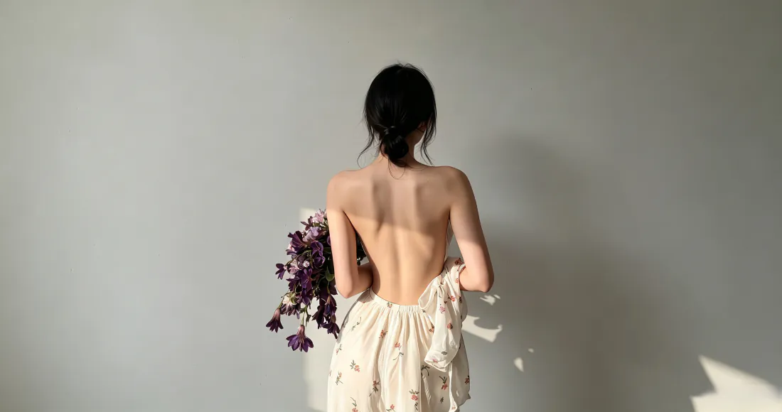 3k露背女性｜灰墙花束背景图片 - 纯欲写真「哲风壁纸」