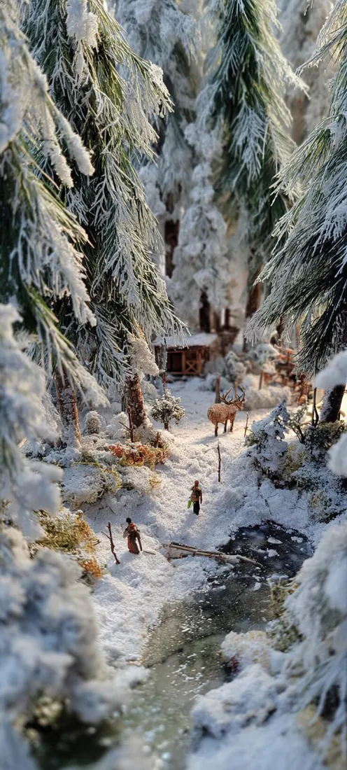 雪林小屋手机壁纸｜背景图片 - 冬日森林溪流雪景「哲风壁纸」