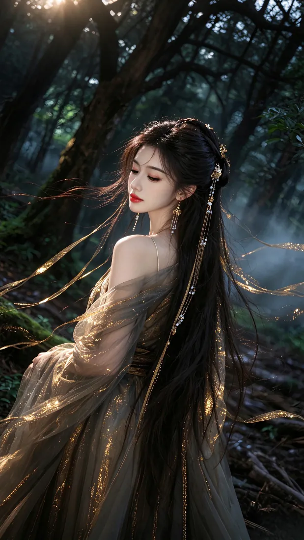 古风美女手机壁纸｜森林背景图片 - 露肩金纱长裙氛围感写真「哲风壁纸」