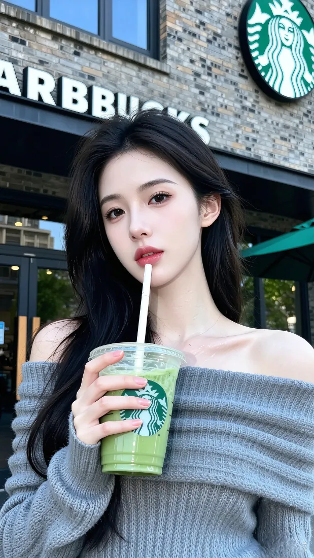 星巴克美女手机壁纸｜街拍背景图片 - 露肩灰毛衣抹茶饮品「哲风壁纸」