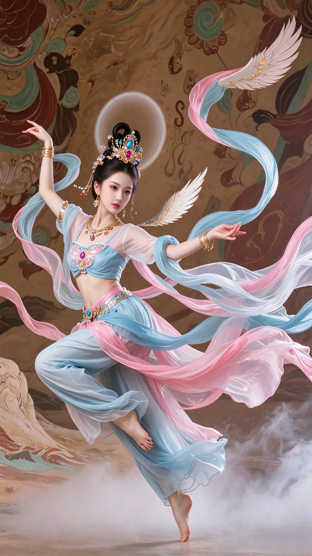 敦煌飞天古风美女手机壁纸｜蓝粉飘带背景图片 - 仙气舞蹈「哲风壁纸」