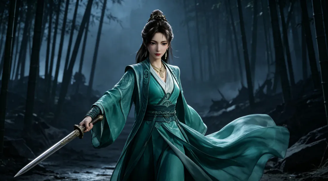 3k慕沛灵壁纸｜凡人修仙传背景图片 - 绿衣持剑竹林女修「哲风壁纸」