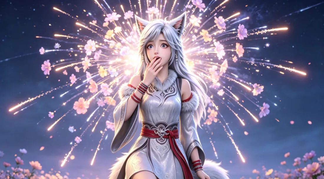 3k银月｜凡人修仙传背景图片 - 银发狐耳少女烟花夜景「哲风壁纸」