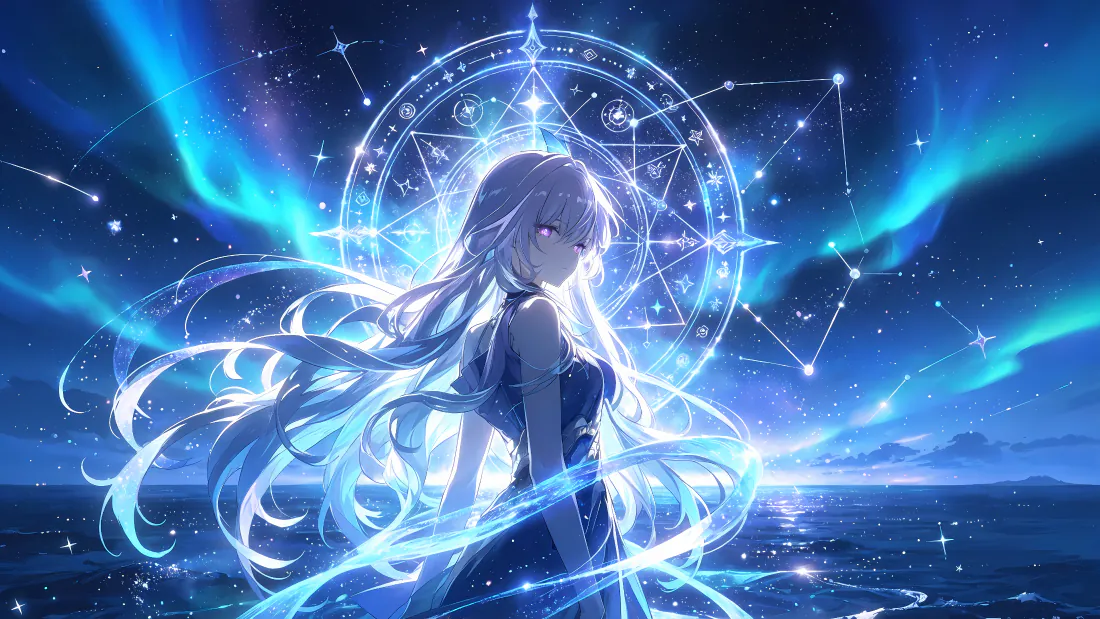 4k原神白发少女壁纸｜星空魔法阵背景图片 - 极光海面「哲风壁纸」