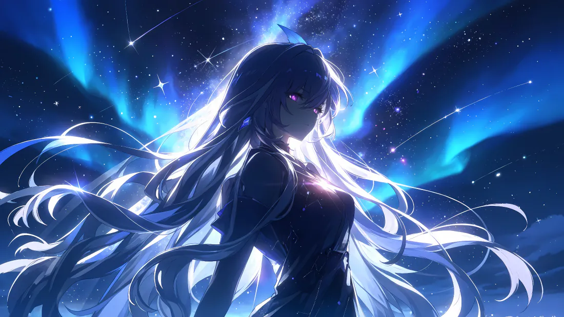 4k原神丝柯克壁纸｜星空剪影背景图片 - 白发少女逆光蓝光「哲风壁纸」