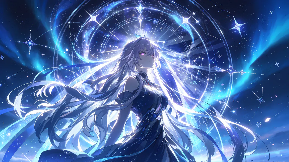 4k原神丝柯克壁纸｜星海背景图片 - 银发少女星光环绕「哲风壁纸」