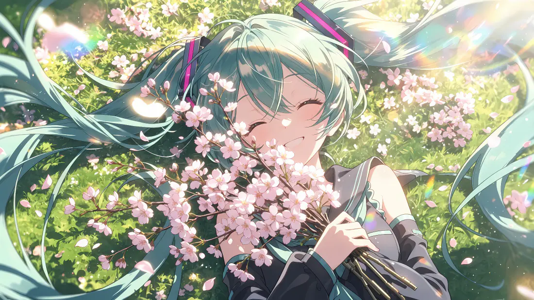 4k初音未来壁纸｜樱花春日背景图片 - 闭眼微笑二次元少女「哲风壁纸」