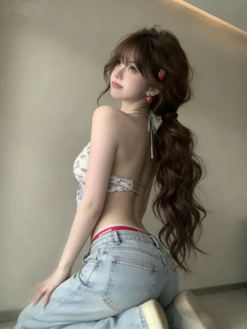 露背辣妹手机壁纸｜背景图片 - 卷发牛仔裤氛围感美女「哲风壁纸」