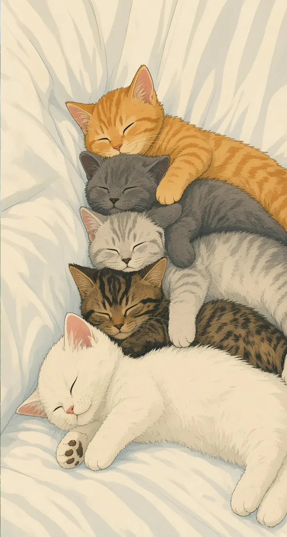 叠睡小猫手机壁纸｜治愈插画背景图片 - 软萌午睡猫咪「哲风壁纸」