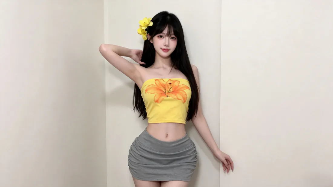3k黄衣长发美女壁纸｜背景图片 - 抹胸短裙居家写真「哲风壁纸」