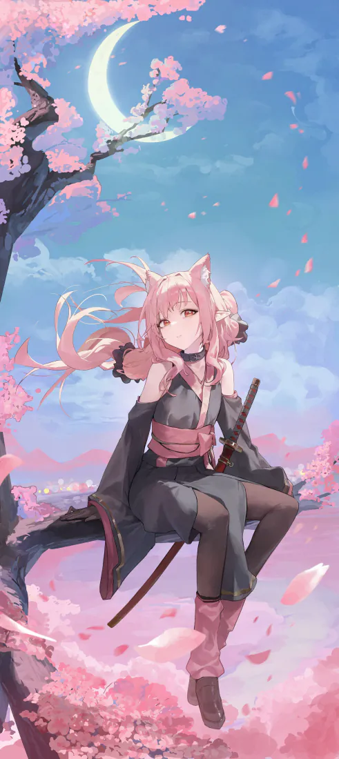 粉发猫耳少女手机壁纸｜樱花弯月背景图片 - 二次元武士少女「哲风壁纸」