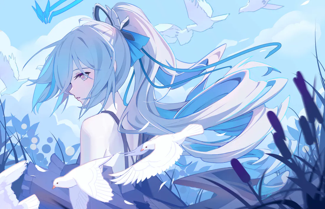 4k蓝发少女｜背景图片 - 白鸽芦苇蓝天白云二次元插画「哲风壁纸」