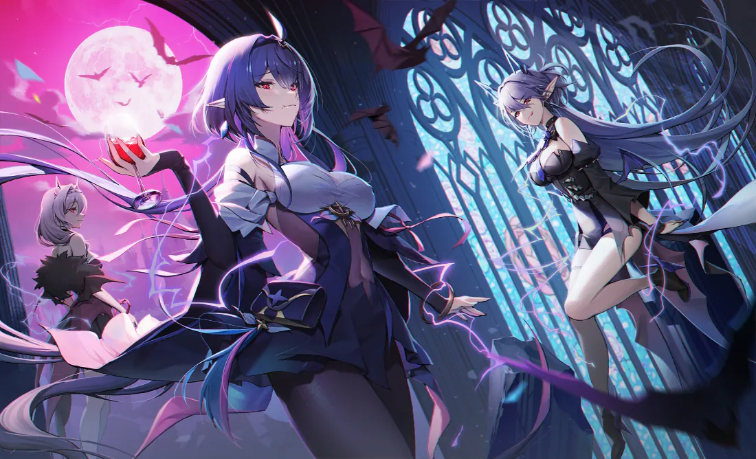 2k紫发魅魔少女壁纸｜哥特花窗背景图片 - 蝙蝠红心月夜「哲风壁纸」