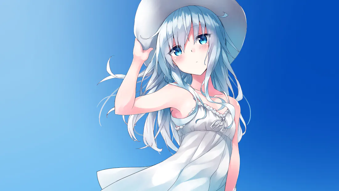 4k银发蓝眼少女壁纸｜蓝色背景 - 白裙草帽二次元插画「哲风壁纸」