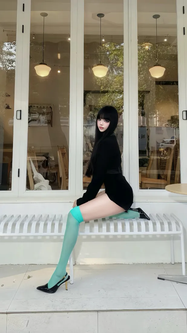 黑衣少女手机壁纸｜店铺橱窗外景 - 薄荷绿过膝袜街拍「哲风壁纸」
