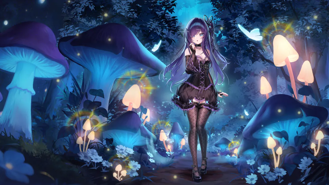 3k黑裙紫发少女壁纸｜奇幻森林背景图片 - 蘑菇萤光夜景「哲风壁纸」