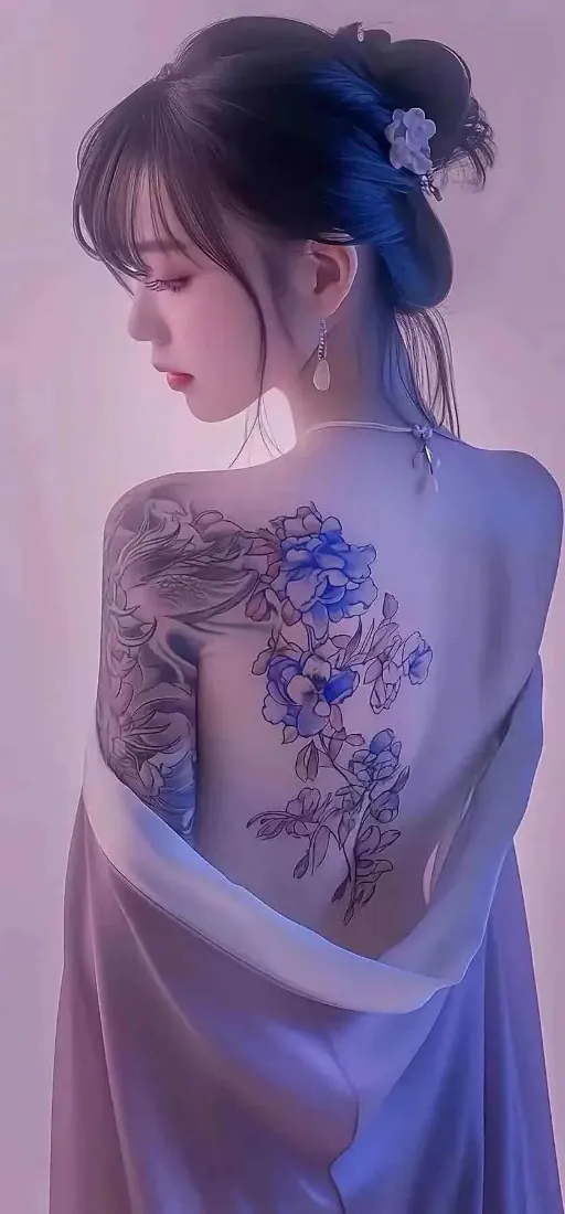 纹身美女手机壁纸|背景图片 - 露背盘发新中式蓝紫氛围写真「哲风壁纸」 纹身美女手机壁纸|背景图片 - 露背盘发新中式蓝紫氛围写真「哲风壁纸」