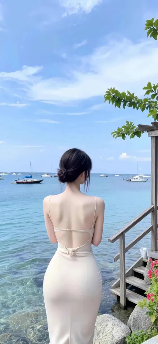海边露背美女手机壁纸｜白色长裙背景图片 - 蓝天碧海度假风「哲风壁纸」