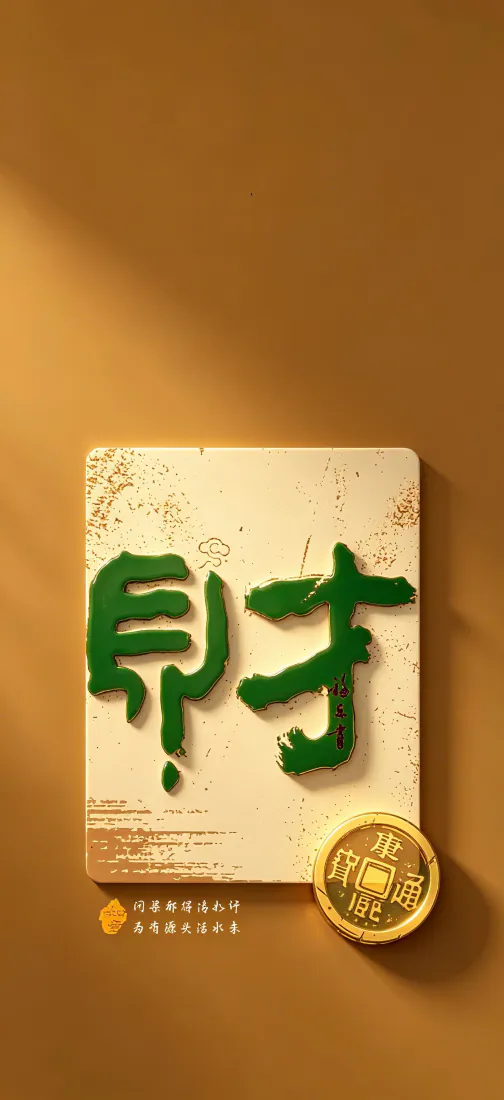 财字书法手机壁纸｜暖金背景图片 - 金币吉祥手机画面「哲风壁纸」